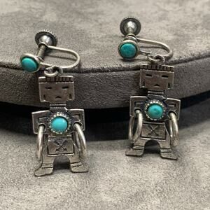 Vintage Kachina Doll Screw Back Dangle Earrings Silver Tone Tribal Theme